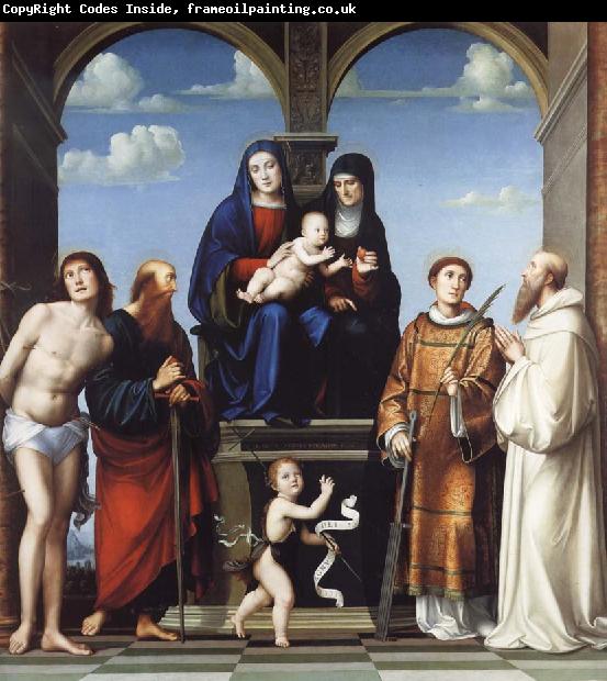 Francesco Francia The Virgin and Child and Saint Anne Enthroned with Saints Sebstian,Paul,John,Lawrence and Benedict